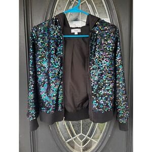 D-Signed Disney Girls Iridescent Sequin Bomber Jacket Hooded Zip Up Black Med M